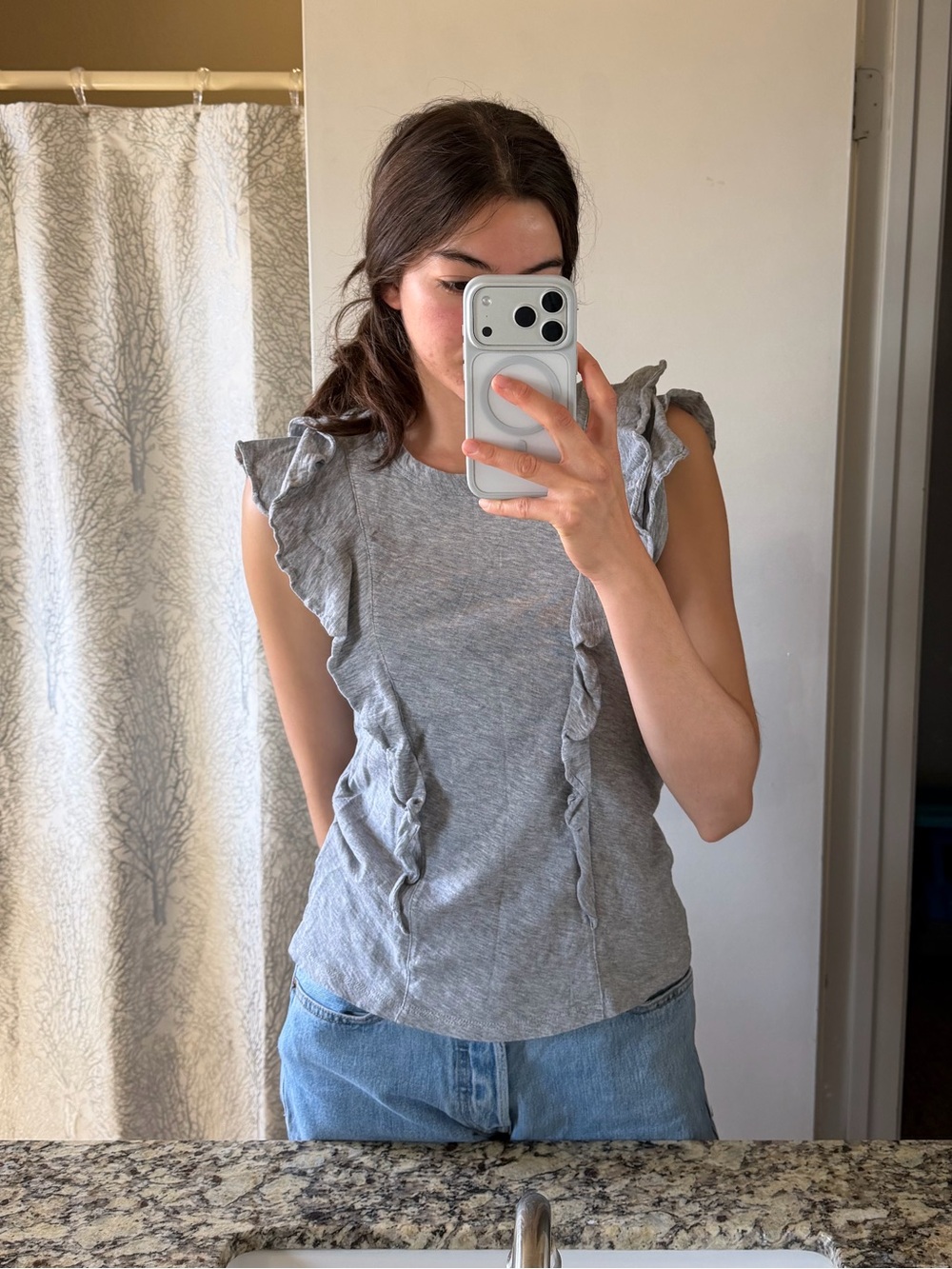 Veronica Beard Light Gray Ruffle Sleeveless Tank